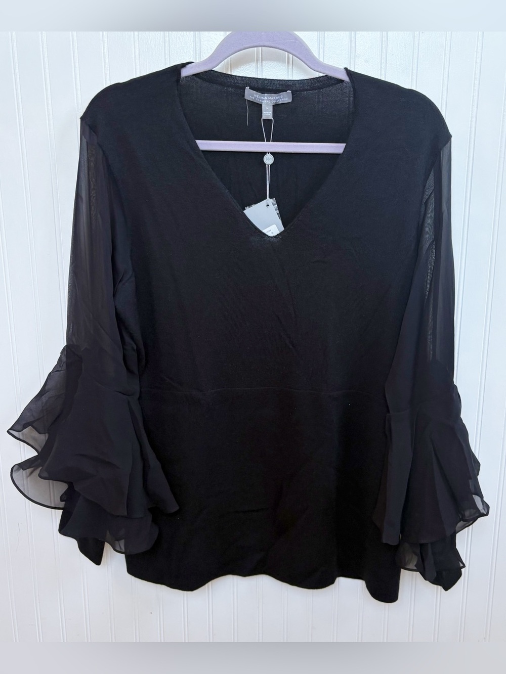 Neiman Marcus Cashmere Collection Women’s Large Black Ruffle Sleeve Sweater NEW